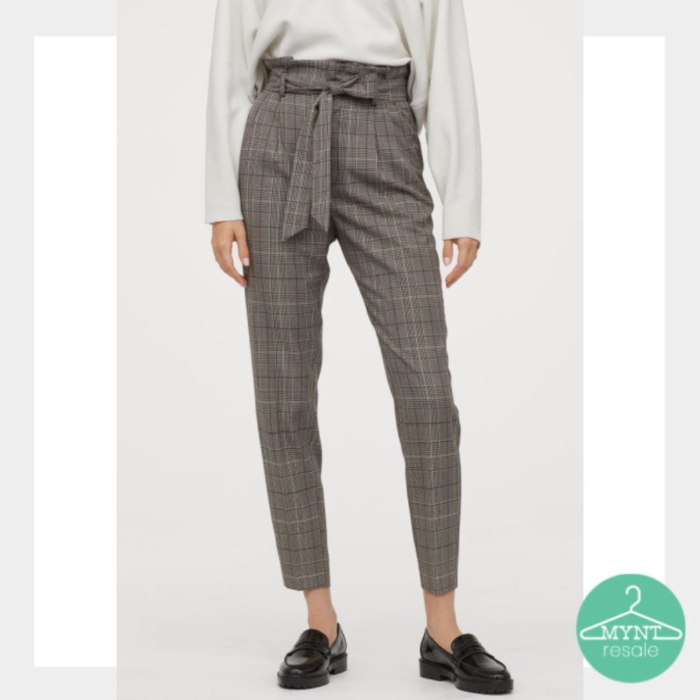 H&M Tie Waist Paper Bag Pant in Chic Classic Plaid